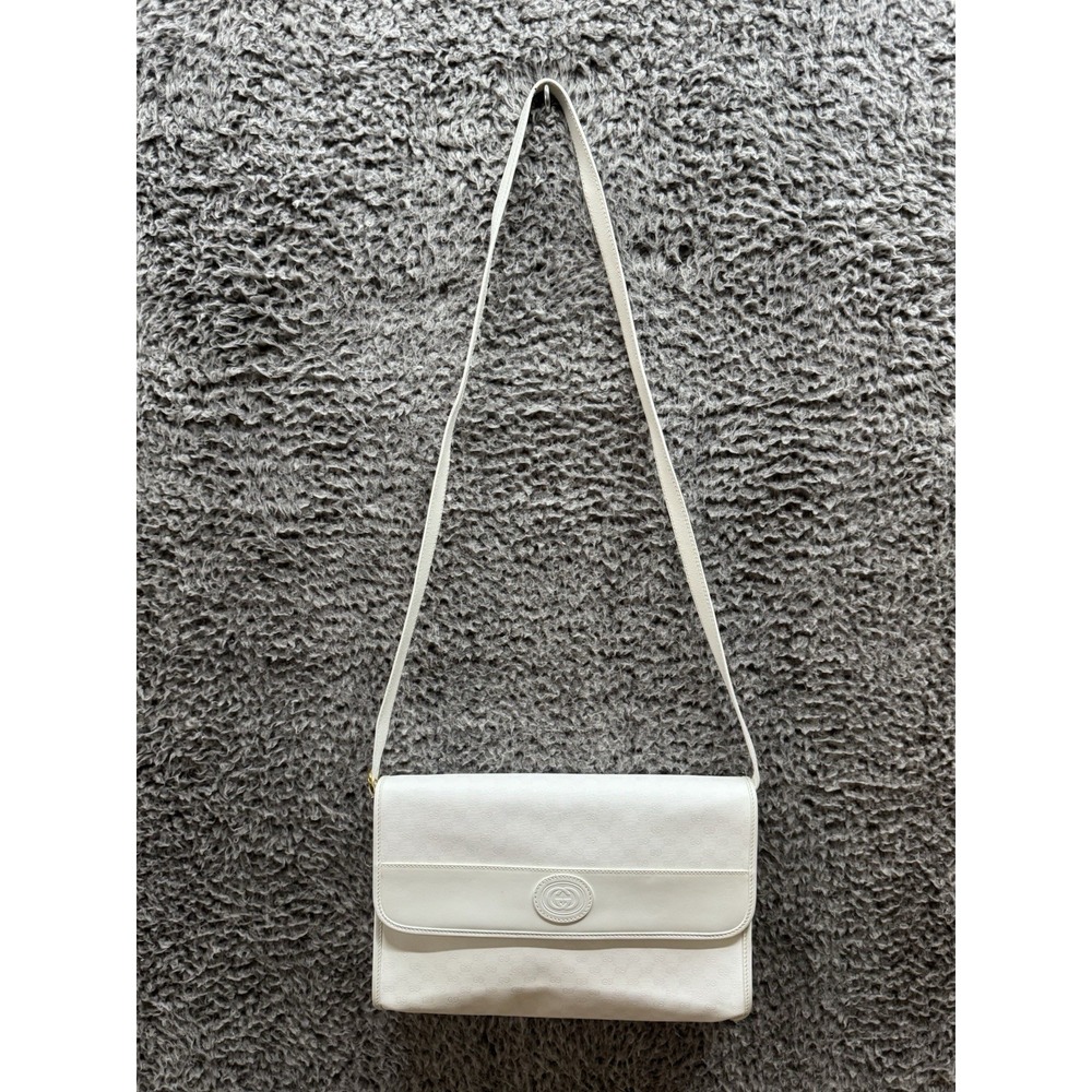 Vintage Gucci White Leather Single Flap Micro‎ Monogram logo Cross Body Bag
